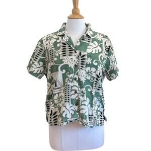 Vintage Hilo Hattie Short Sleeve Hawaiian Shirt, Green Tropical Print, L